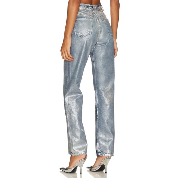 EB Denim Metallic Silver Blue High Rise Straight Leg Jeans - Picture 3 of 8